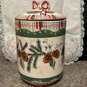 Harry & David Ceramic Cookie Jar Pine Cones Red Ribbon Christmas Holiday
